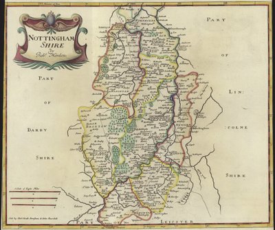 ノッティンガムシャーの地図（カラー彫刻） 作： Robert Morden